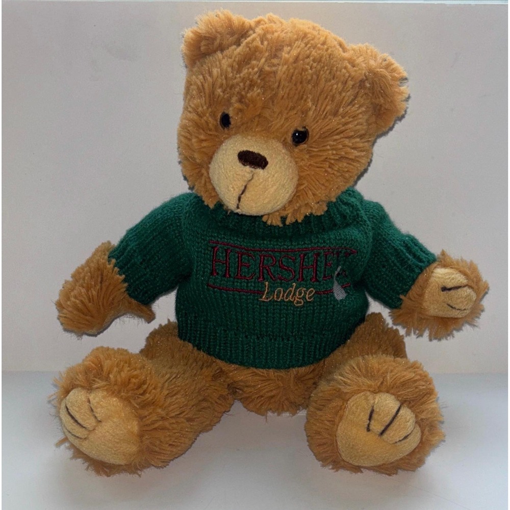 Vintage Hershey Lodge Teddy Bear Plush Green Knit Sweater 9" Stuffed Animal Toy